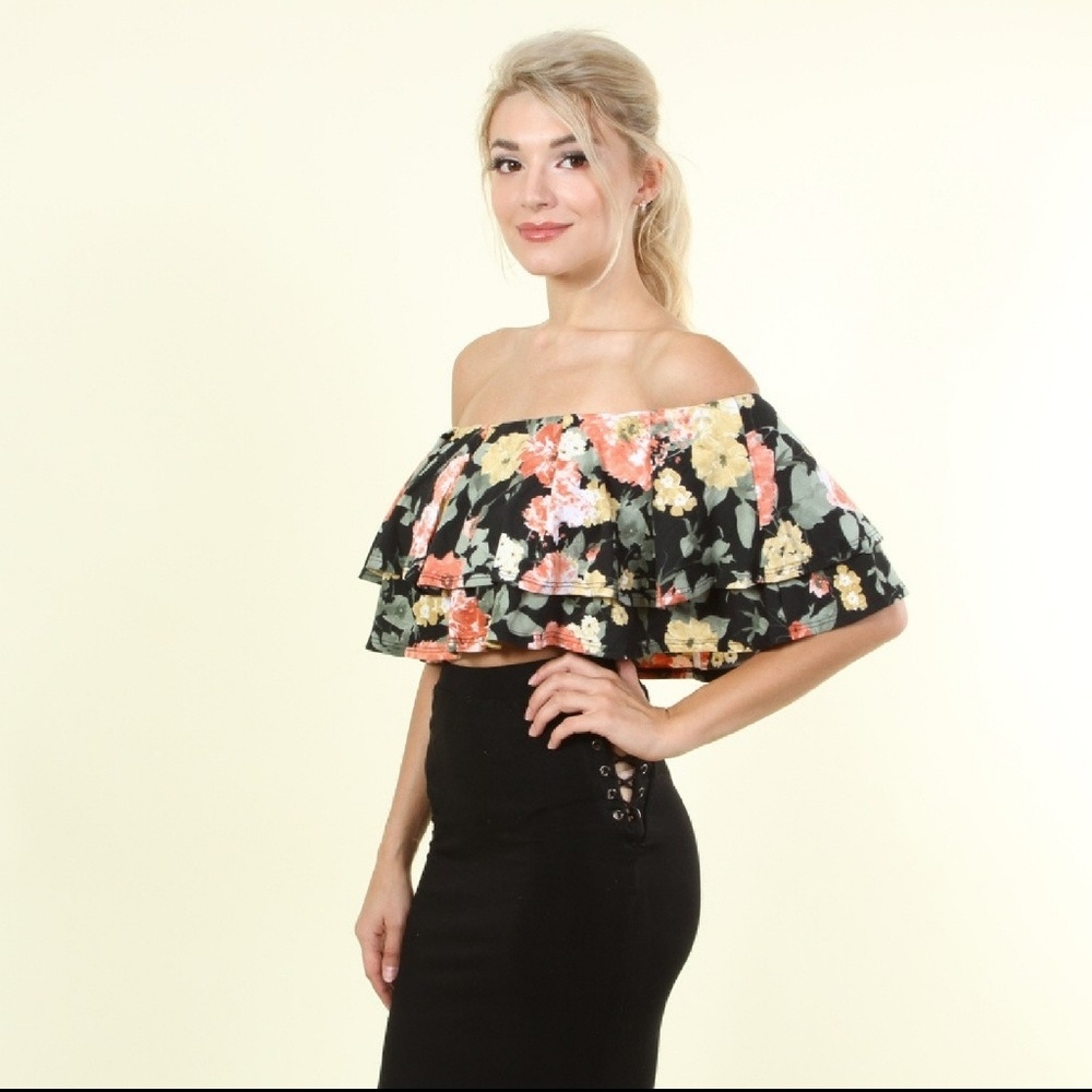 Double Tiered Floral Off Shoulder Ruffled Crop Top